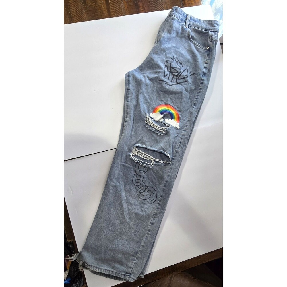 Romwe XL Graffiti Jeans Distressed Rainbow Cloud Streetwear Festival Y2K Style - Picture 4 of 16